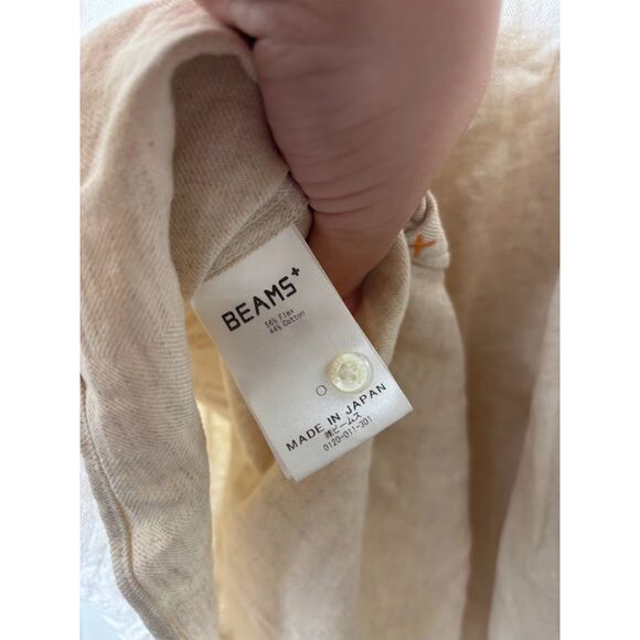 Beams Plus Band collar popover shirt natural cotton/linen herringbone sz Large - Picture 6 of 6